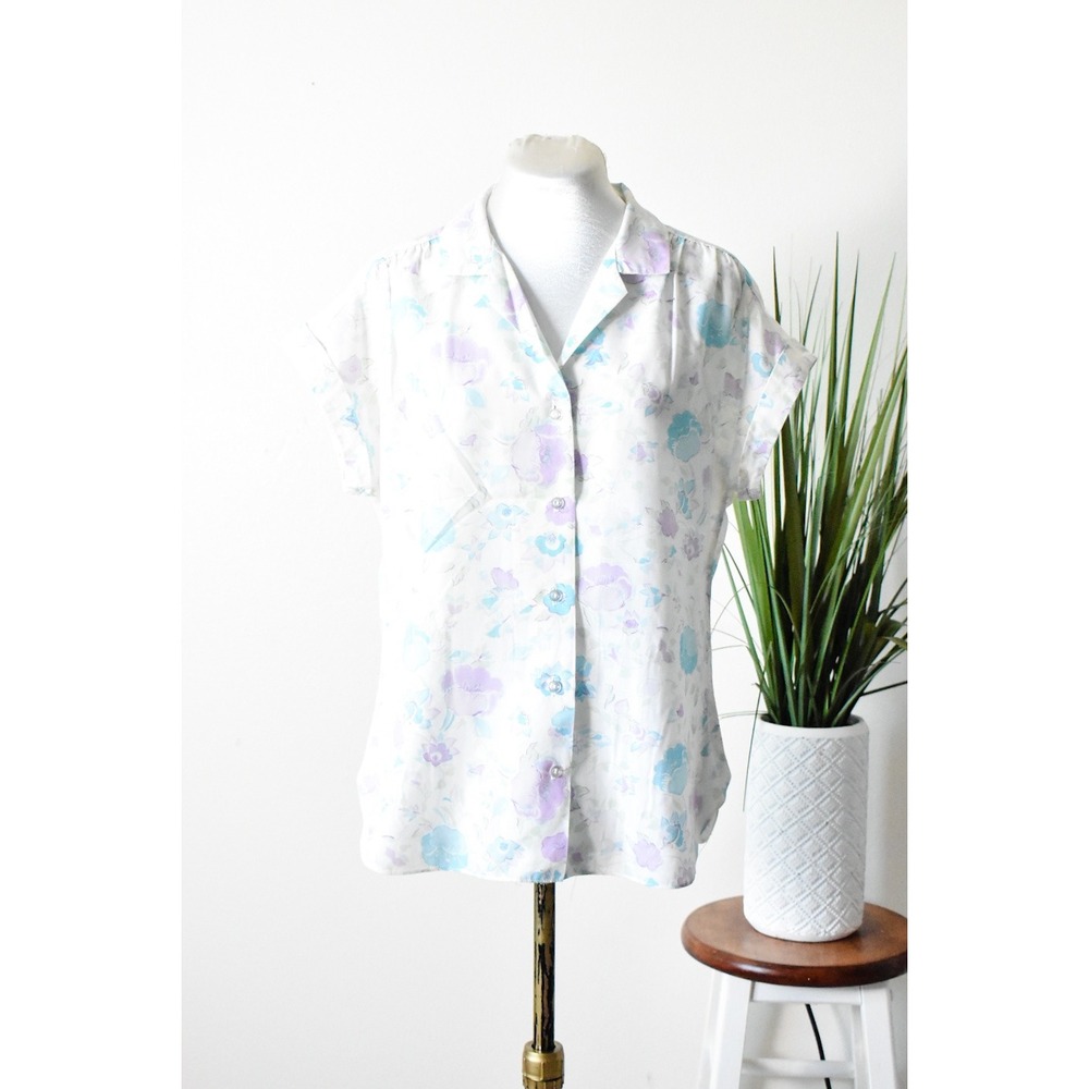 Pykettes Floral Blouse Womens M White Purple 80s Vintage Short Sleeve Button Up
